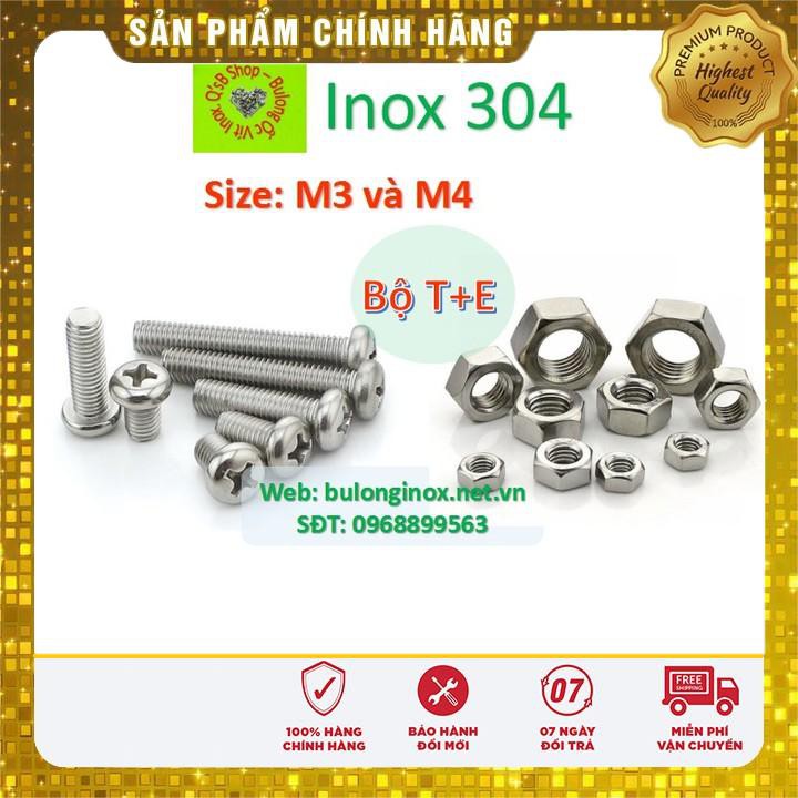 Vít pake đầu tròn inox size M3 và M4 (bộ T+ Ecu), ốc 4 cạnh đầu  cầu inox, ốc vặn tua vít đầu tròn thân bulong, inox 304