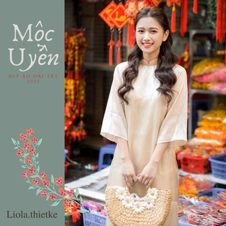 Áo dài cách tân Ngọc Uyển tơ ánh Hàn màu Kem - áo dài dáng suông thiết kế độc quyền LIOLA