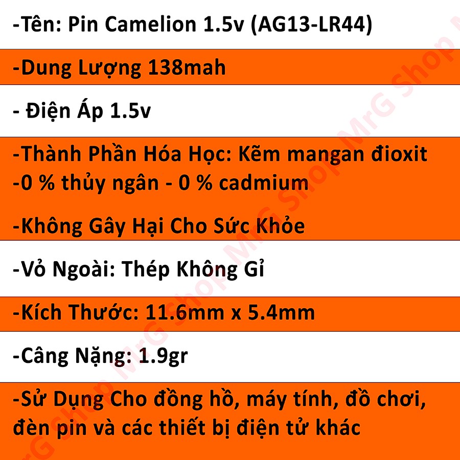 Pin Nút Áo 1.5v Camelion AG13 LR44 Dùng Cho Thước Kẹp Điện Tử, Remote, Chuông Cửa, Các Thiết Bị Điện Tử -MrG