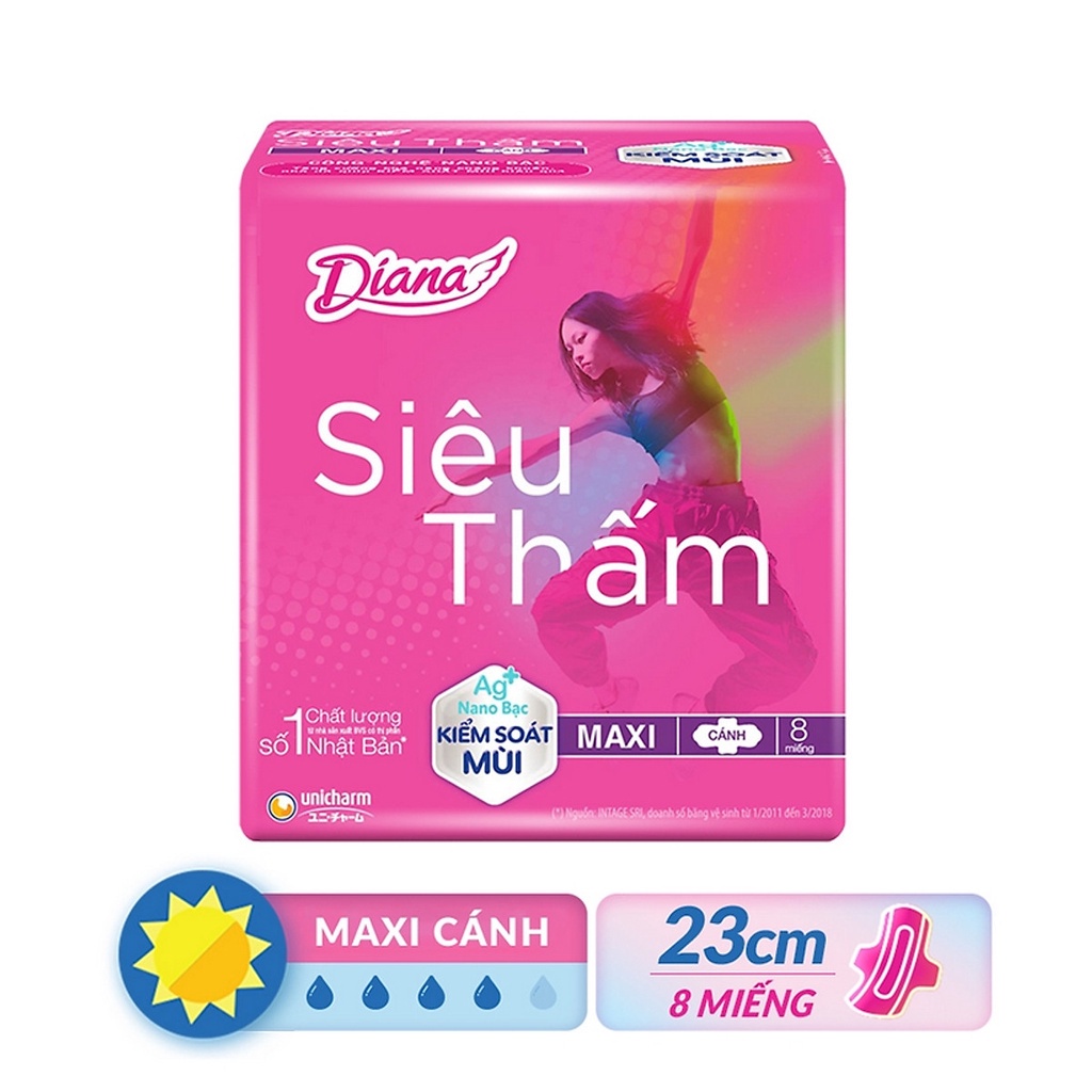 Băng vệ sinh Diana Siêu thấm Maxi (dày) có cánh 8 miếng/gói