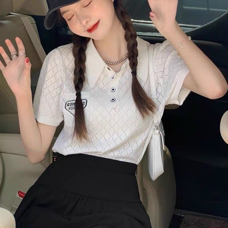 Áo len polo ô trám logo ngực, Áo kiểu len cổ bẻ mỏng ngắn tay AL7677 - NhiNhi Shop