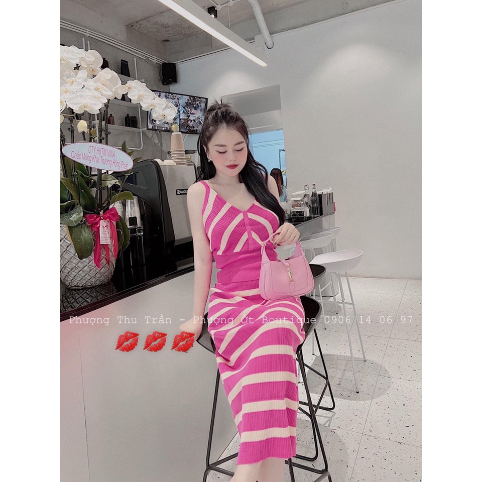 Set váy hồng kẻ ngang áo 2 dây chân váy midi hot trend