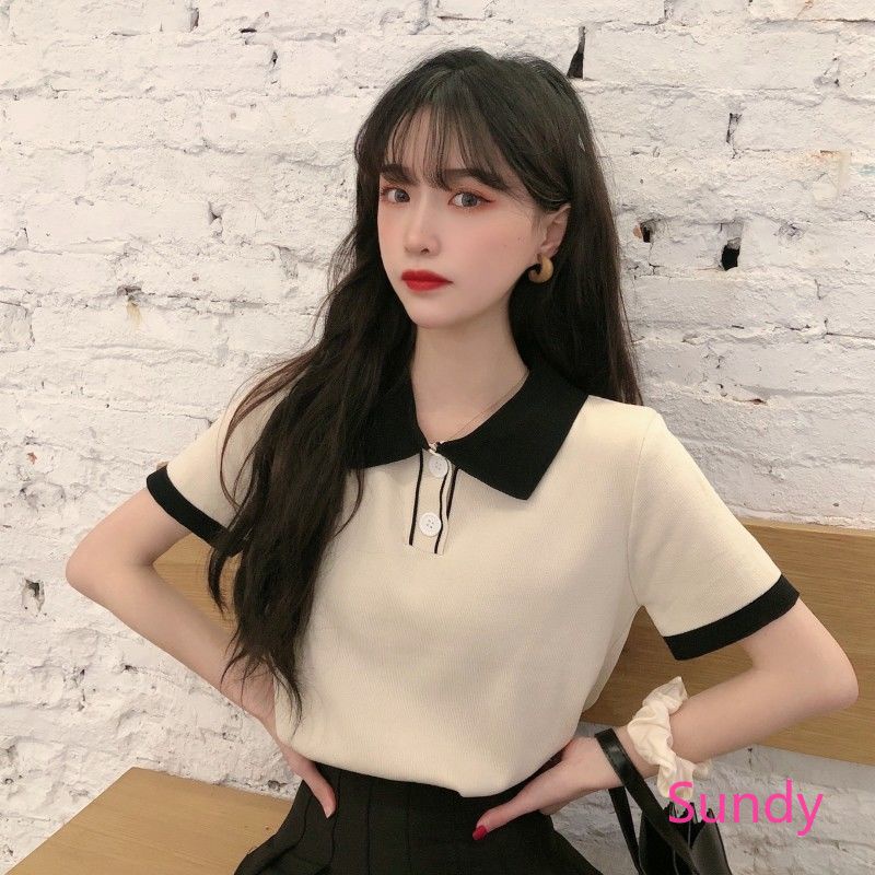 Áo polo dệt kim ngắn tay thời trang mùa hè năng động cho nữ