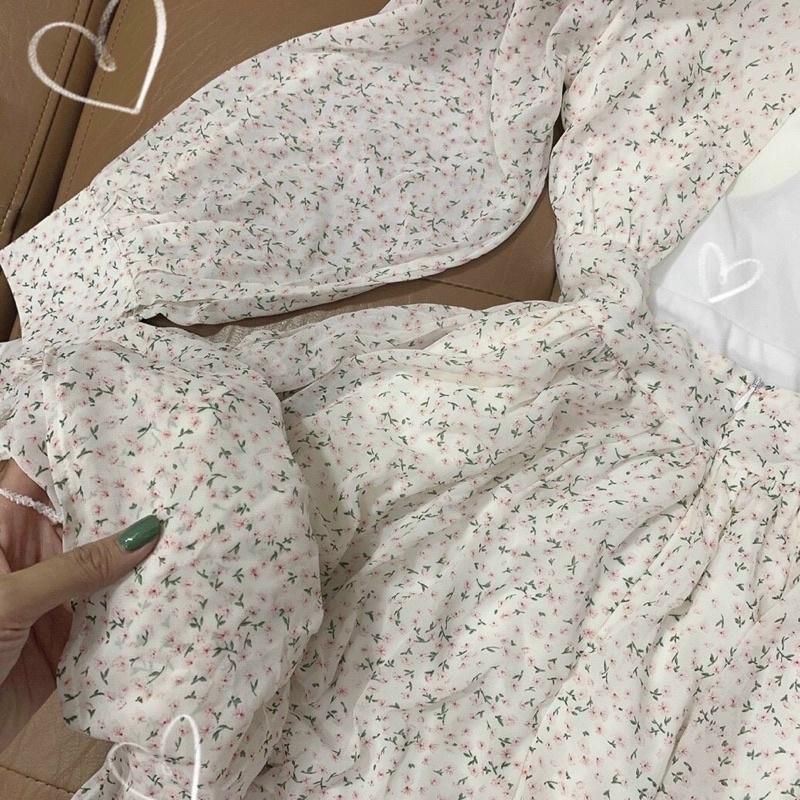 Đầm hoa cut out lưng tay dài 2 màu hoạ tiết nhẹ nhàng