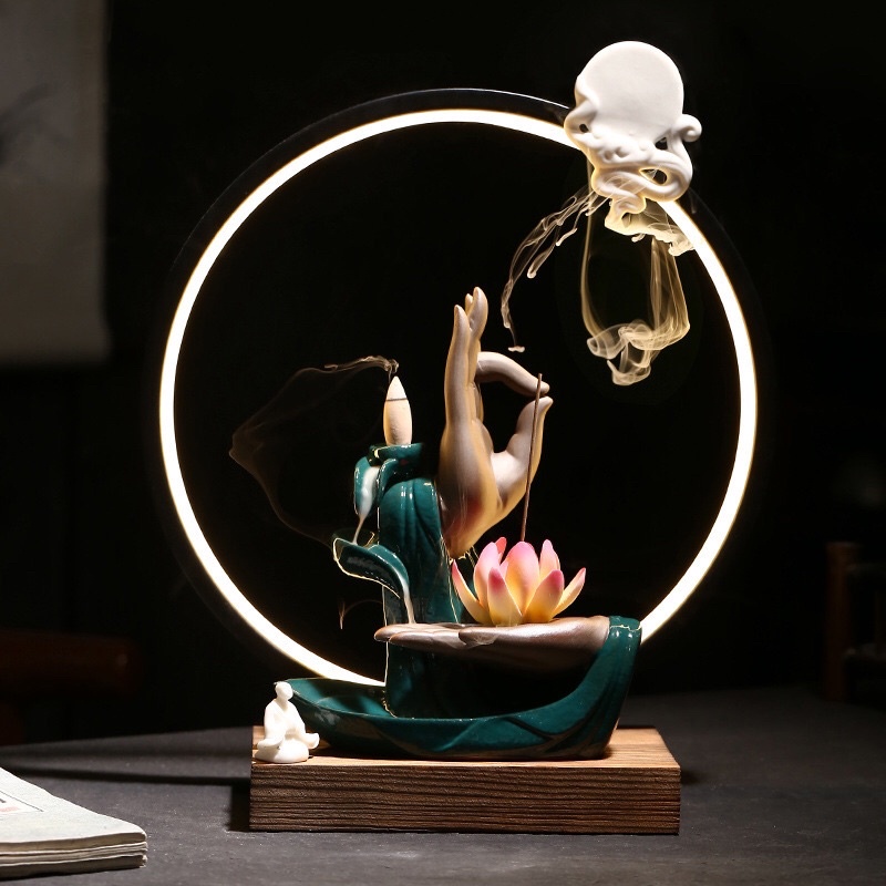 Thác khói trầm hương đèn led phật thủ liên hoa (Tặng10 nụ trầm)