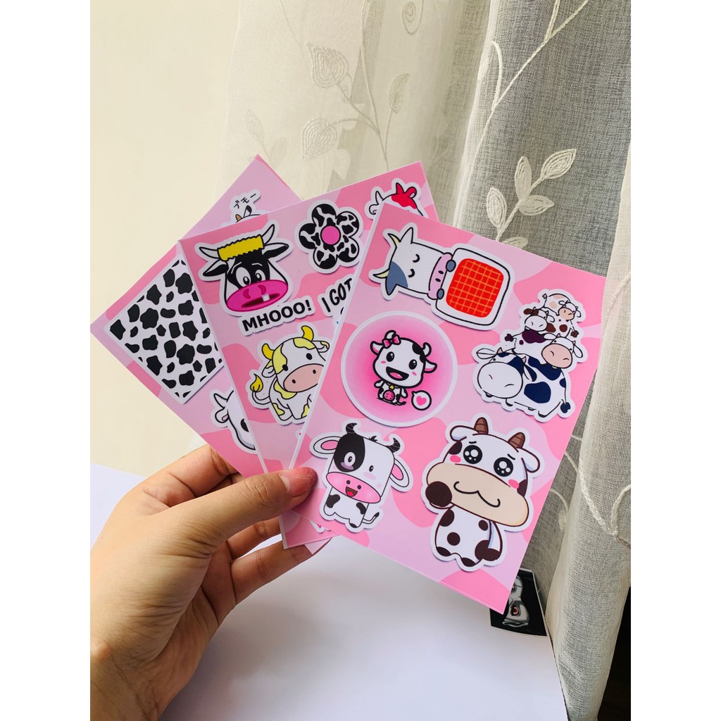 Sticker bò sữa siêu cute dán mũ bảo hiểm, sách, vali, laptop chống nước