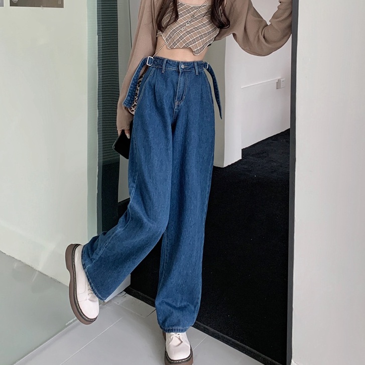 Quần Denim Nữ Lưng Cao Ống Rộng Phong Cách Hàn Quốc