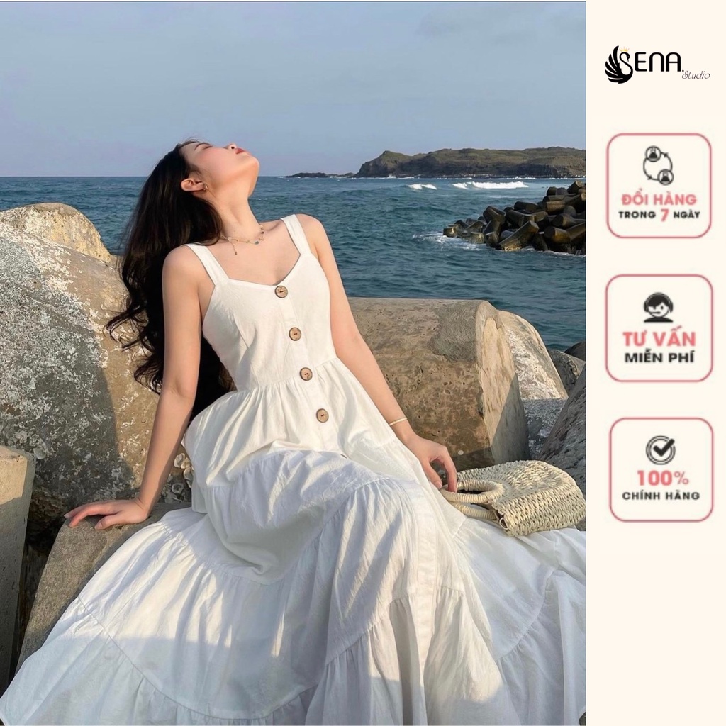 Váy maxi hai dây vải đũi khuy gỗ - SENA STUDIO