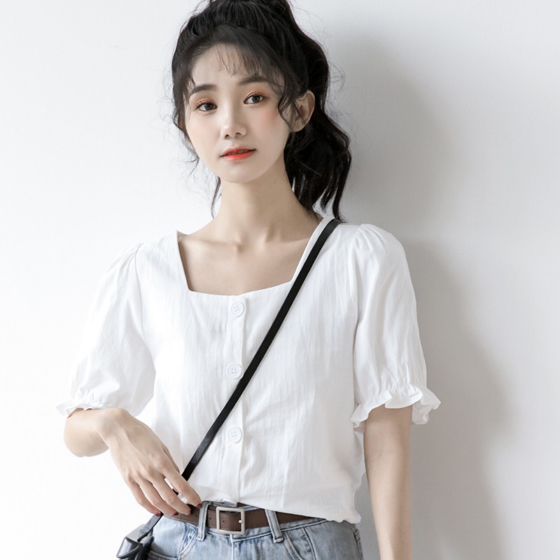 Áo sơ mi cổ vuông chất đũi mát không nhàu