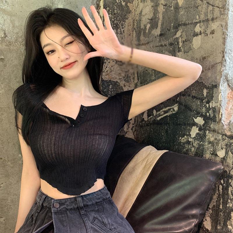 Áo Thun Dệt Kim Tay Ngắn Cổ Vuông Màu Trơn Thanh Lịch | BigBuy360 - bigbuy360.vn