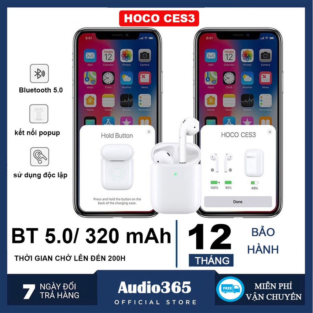 Tai nghe Bluetooth TWS Hoco CES3 V5.0, định vị, đổi tên, chạm cảm ứng, cửa sổ kết nối, pin 320mAh