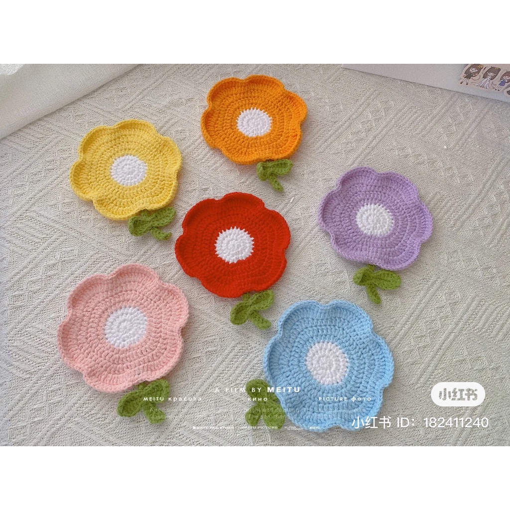 Lót ly hình bông hoa, lót cốc len handmade nhiều màu pastel CHILLMEOW