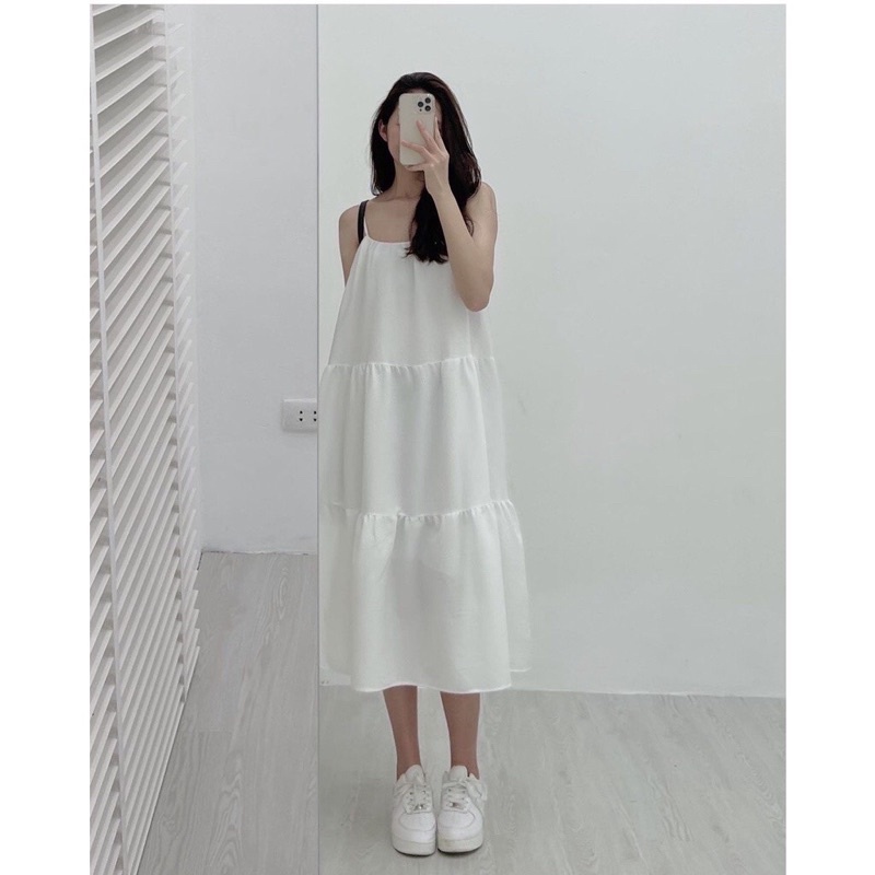 Váy babydoll hai dây dáng dài chất đũi chữ A , Đầm suông dáng xòe Vintage