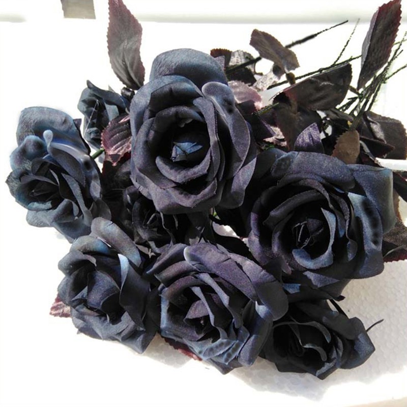 Bộ 10 cây hoa hồng đen nhân tạo phong cách gothic dùng làm đạo cụ trang trí cô dâu dịp Halloween