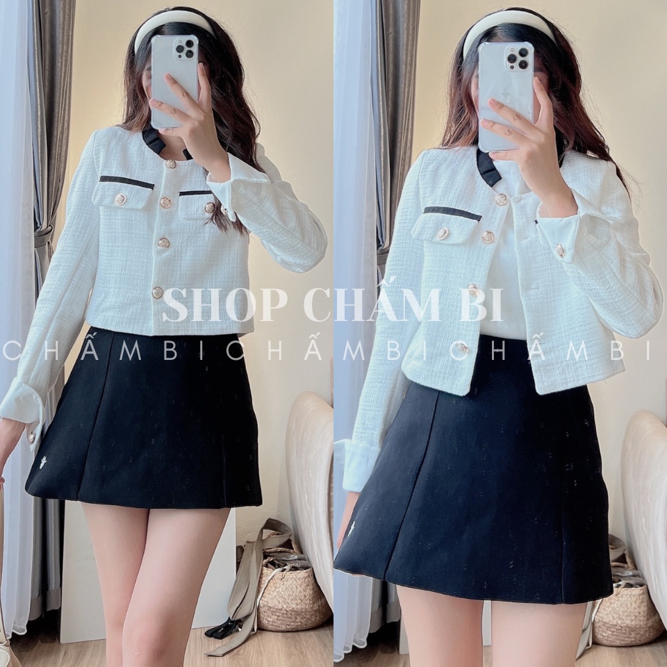 Áo khoác dạ tweed nữ A.366, Áo khoác dáng ngắn dài tay cổ viền đen túi hộp ngực sang chảnh - Thời trang nữ Chấm Bi