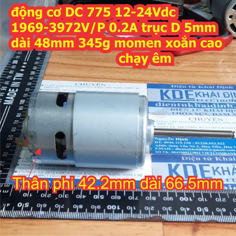 động cơ DC 775 12-24Vdc 1969-3972V/P 0.2A trục D 5mm dài 48mm 345g momen xoắn cao chạy êm kde2476