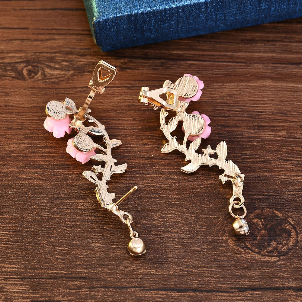 Cod In Stock New Sweet Pink Flower Branch Gold Long Ear Studs Simple Earrings Party Charm Jewelry