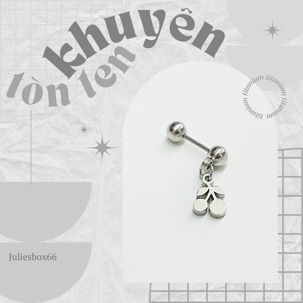 Khuyên Tai Titan Unisex Có Charm Cherry Bi Tròn Không Gỉ Sét Không Ngứa Bông Tai Julies Box 66