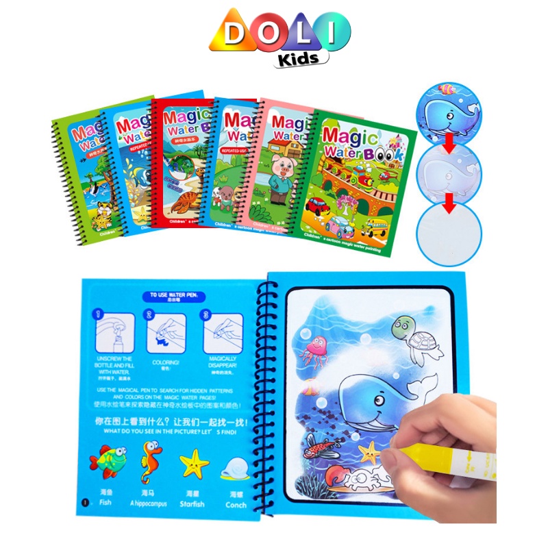 Tranh tô màu nước ma thuật, sách tập tô thần kỳ, magic water book cho bé nhiều chủ đề Doli Kids