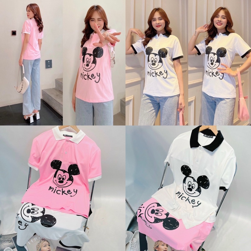 Áo polo/cổ bẻ Zara Mickey Smile xuất xịn thun cá sấu lạnh vải rũ mặc mát áo kiểu phối màu thời trang nữ cute hồng trắng