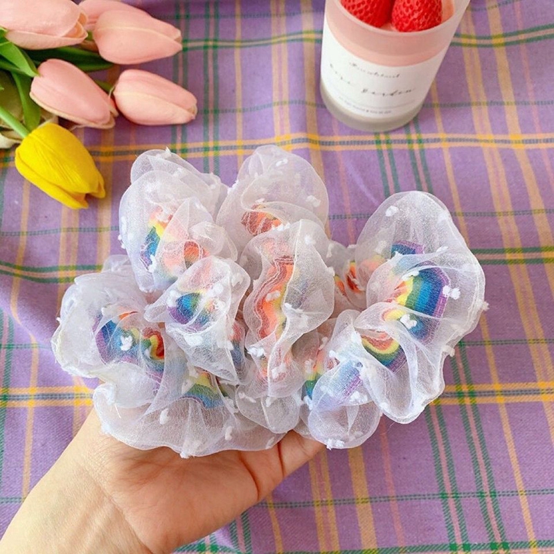 Dây cột tóc lưới màu cầu vồng chất liệu co giãn xinh xắn cho nữ