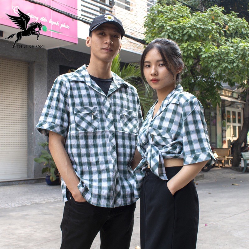 Áo sơ mi cổ vest unisex hàng bán shop loại áo sơ mi ngắn tay form rộng dành cho các cặp đôi trẻ ASCVC86