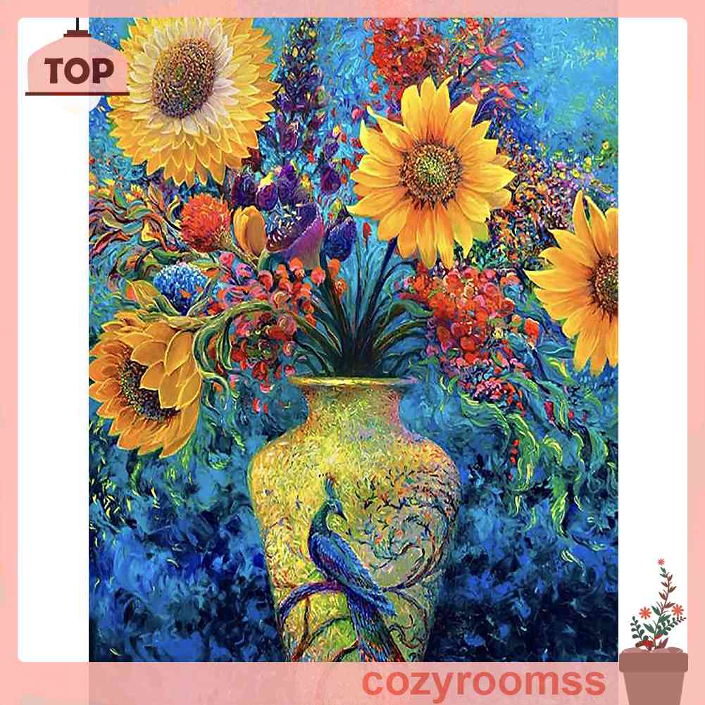 Bộ Tranh Thêu Chữ Thập Hình Lọ Hoa Hướng Dương Và Chim Công 11CT 40x50cm