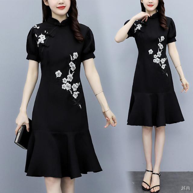 ┅Áo tay phồng kiểu Trung Quốc cải tiến cỡ lớn Váy sườn xám, người mập, cao cấp mẹ mặc, xám thêu hoa màu đen