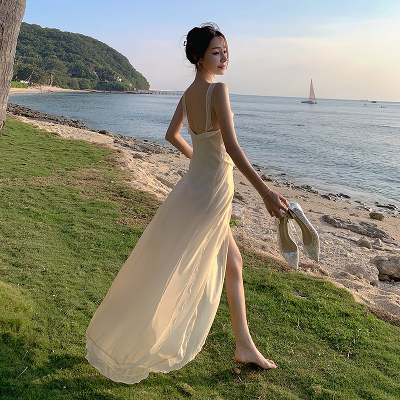 Đầm Dài Xẻ Tà Phối Bèo Phong Cách Retro Pháp Cho Nữ