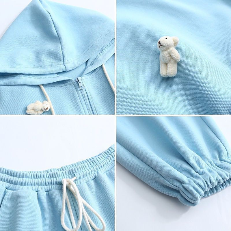 > áo len phù hợp với nữ 2021 New Fried Street Blue trùm đầu cardigan mùa xuân và hè quần thể thao giản dị hai SET