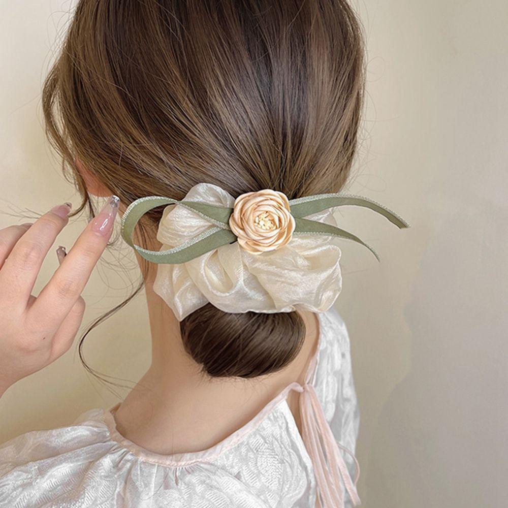 Dây Cột Tóc Vải Lụa Màu Xanh Lá In Họa Tiết Hoa Xinh Xắn Thời Trang Cho Nữ