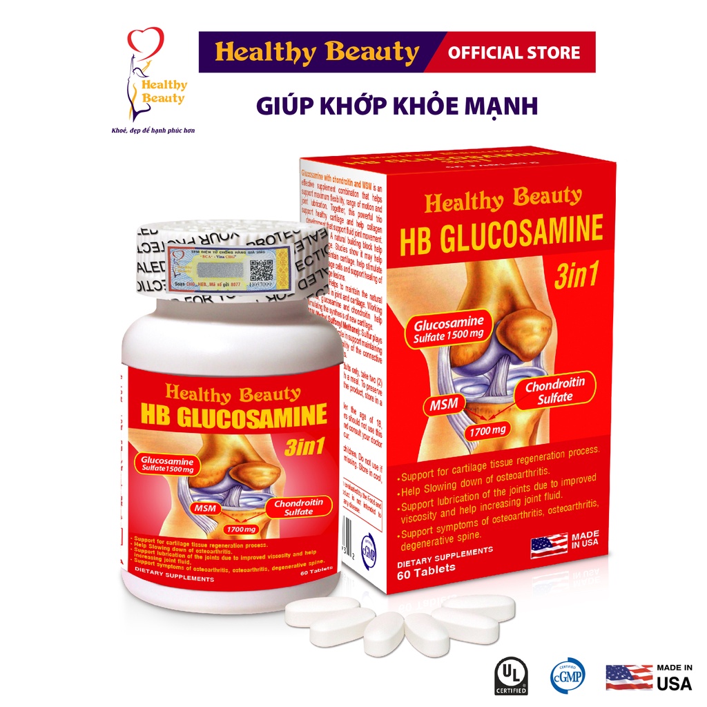 Viên Uống Healthy Beauty HB Glucosamine 3 In 1 Giảm Triệu Chứng Đau Của Bệnh Viêm Khớp, Thái Hóa Khớp, Cột Sống