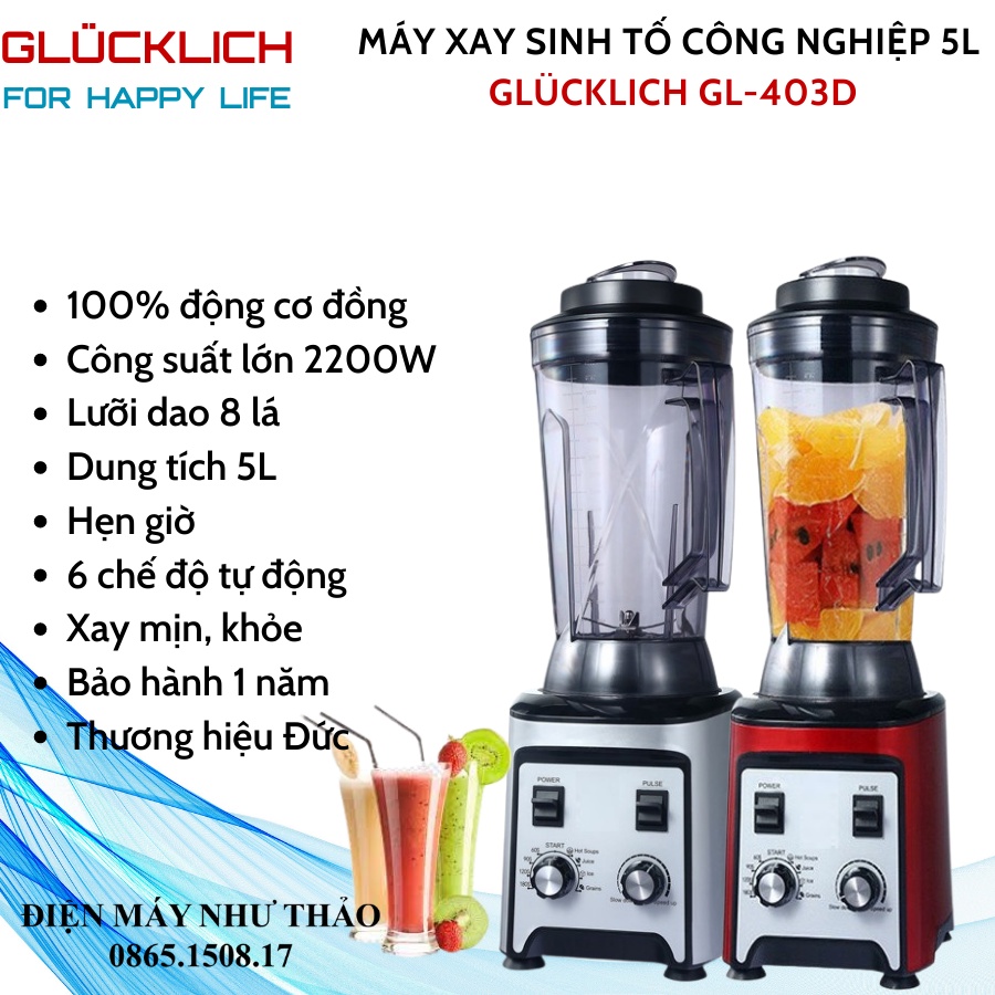 Máy xay sinh tố đá công nghiệp dung tích GLUCKLICH 5L 2200W-Sử dụng cho các nhà hàng lớn- Bảo hành 1 năm