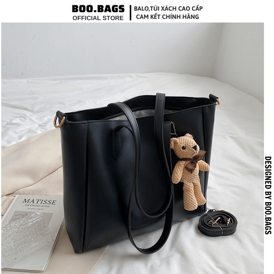 Túi Xách Công Sở Nữ Đi Học, Túi Tote Da PU Chống Nước Size Lớn Cho Laptop 14IN Tặng Kèm Gấu Boobags