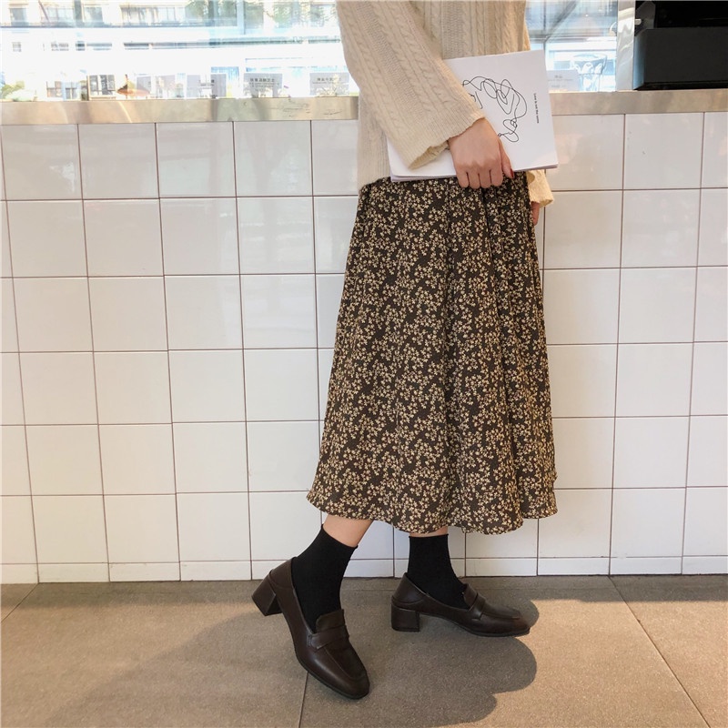 Giày loafer trơn cao gót gót vuông công sở da lì phong cách vintage Hàn Quốc