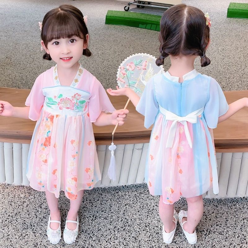 Đầm Hán Phục Tay Ngắn Phối Lưới Thêu Họa Tiết Phong Cách Trung Hoa Mới 2022 Cho Bé Gái