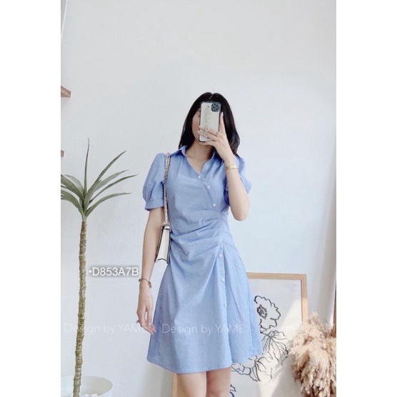 Đầm Sơ Mi Hàn Quốc Váy Suông Kẻ Nhún Xếp Ly Eo Vải Kate Sọc Thời Trang Công Sở BEBEDOLL