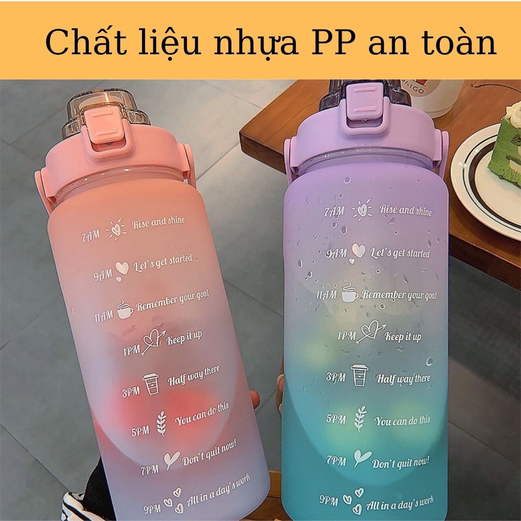 Bình Nước Chia Vạch Giờ Nhắc Uống Nước Dung Tích 2 Lít Có Ống Hút Nắm Chống Tràn