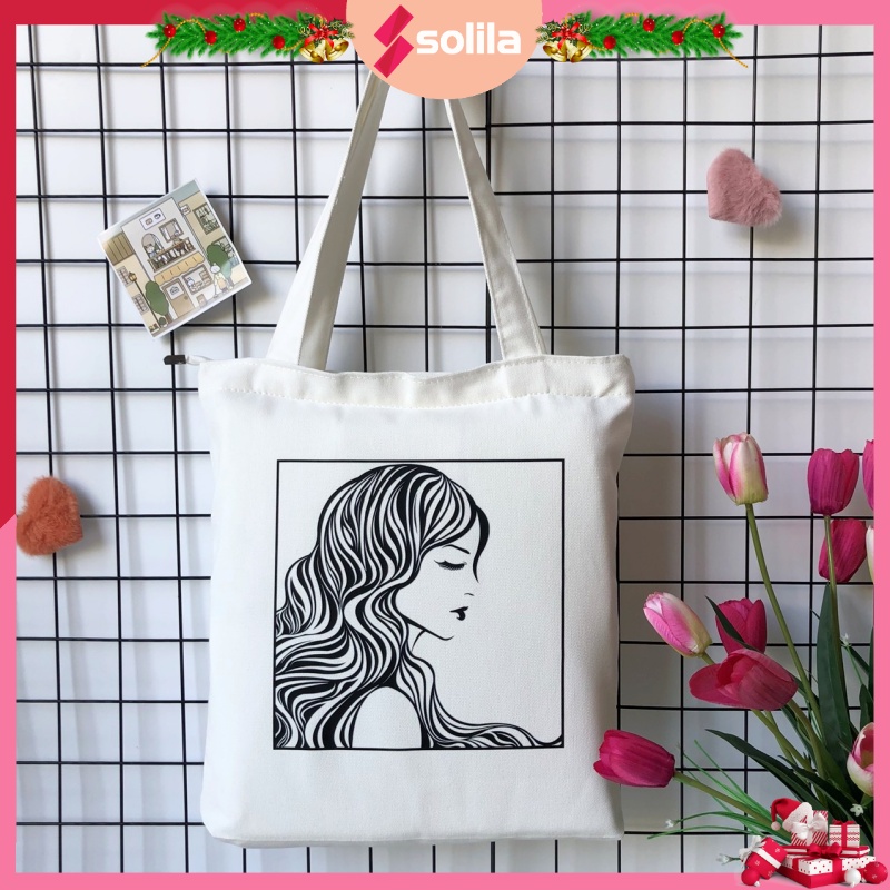 Túi tote vải canvas bag đeo vai cô gái tóc xoăn có khóa kéo miệng túi