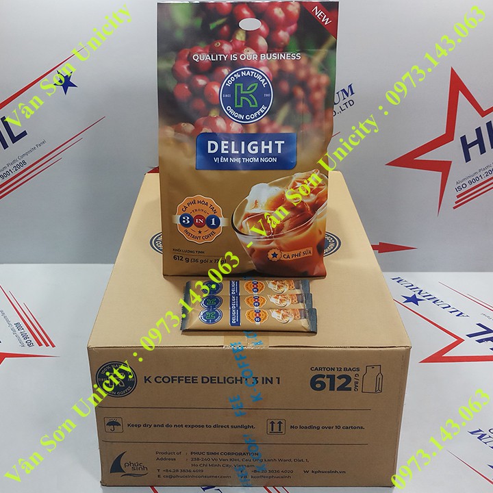 Thùng Cà phê sữa Phúc Sinh K Delight 12 bịch 612g (36 gói dài * 17g)