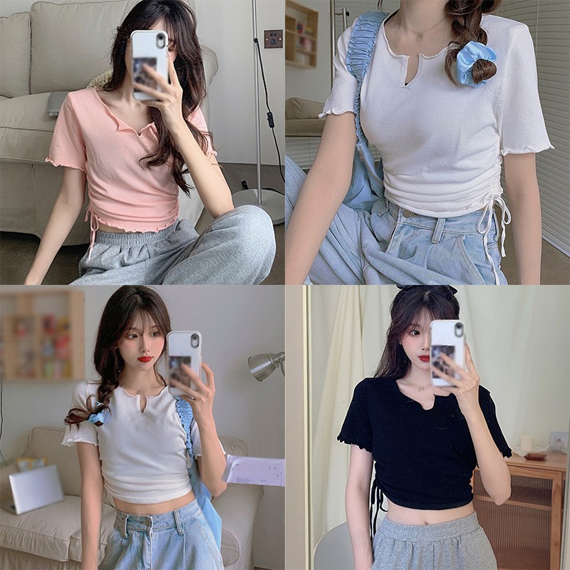 Áo Thun Tay Ngắn Dáng Ôm Phối Dây Rút Cá Tính Trẻ Trung Hợp Thời Trang