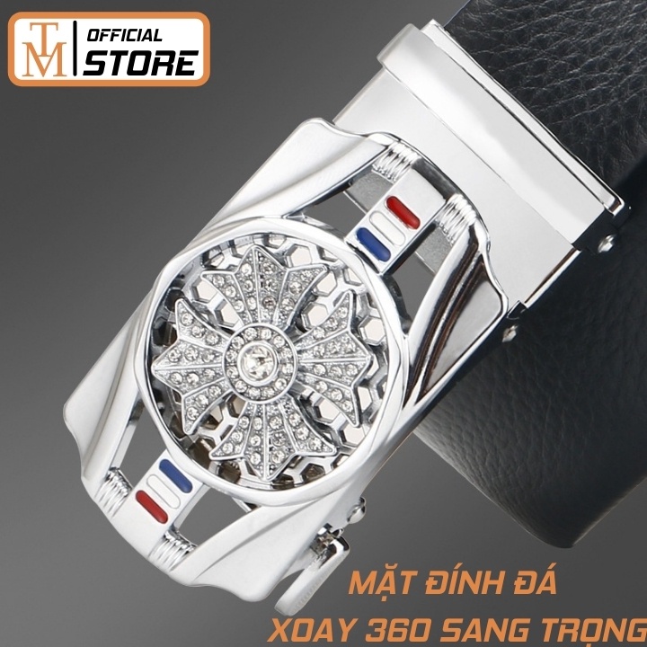 Thắt lưng nam da cao cấp, mặt đính đá xoay 360, khóa tự động mạ kim sang trọng TL23