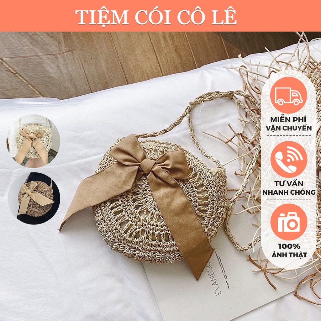 Túi đi biển dáng tròn họa tiết hoa đính kèm nơ xinh xắn - Tiệm Cói Cô Lê
