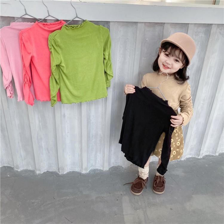 Girl Shirt  Autumn Cotton Long Sleeve Blouse Ear-edge Sleeve Closed Tendon Candy Color Undercoat Top