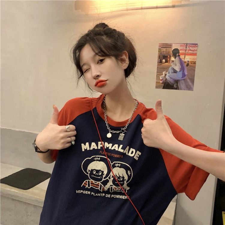 COZOK Áo Thun Ngắn Tay Dáng Rộng In Họa Tiết Tương Phản Cá Tính Kiểu Retro