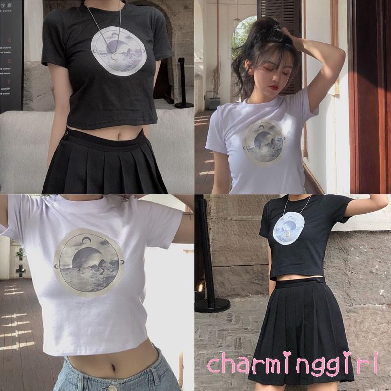 Áo Thun Croptop Tay Ngắn Cổ Tròn In Hình Mặt Trăng Thời Trang Cho Nữ