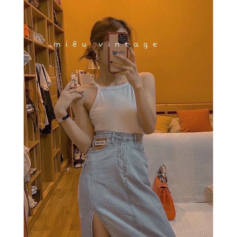 Chân váy bò denim xẻ vạt tua gấu siêu hot #912