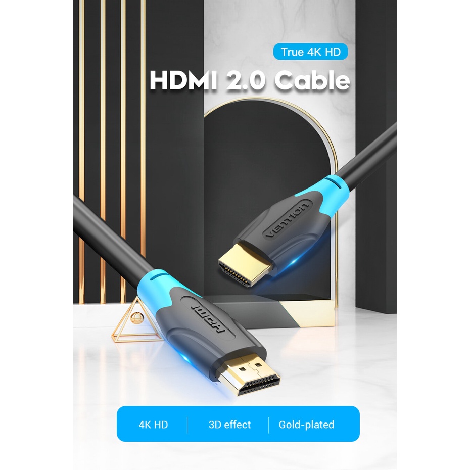 Cáp HDMI 2.0 hỗ trợ 3D, 4K 60Hz 1-5m Vention Chính Hãng - Dây cáp HDMI to HDMI đầu mạ vàng chuẩn 2.0 tốc độ cao