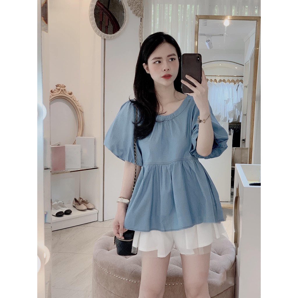 Set áo peplum cổ thuyền chun đuôi xòe tay phồng ngắn bo chun+ quần váy xòe pha lưới 2 túi giả trước khoá kéo 0SET.00507