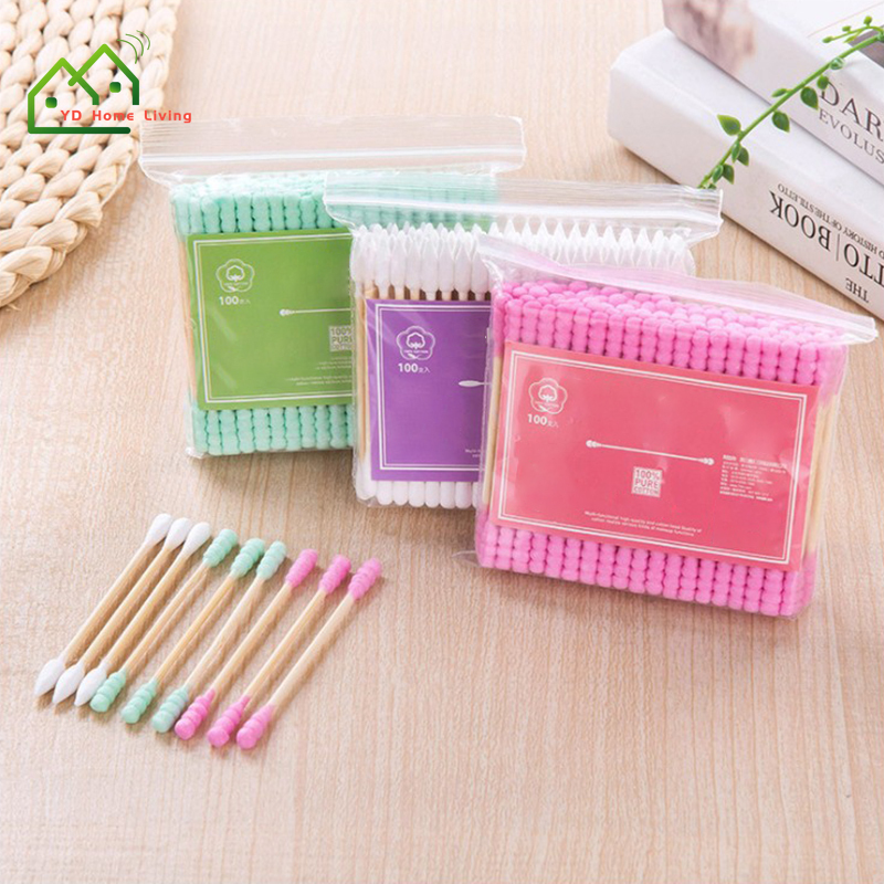 Hộp 100 Tăm Bông Cotton Hai Đầu Nhiều Màu Tiện Dụng